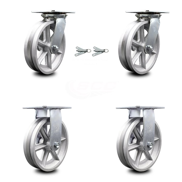 8 Inch V Groove Semi Steel Caster Set with Ball Bearing 2 Swivel Lock 2 Rigid